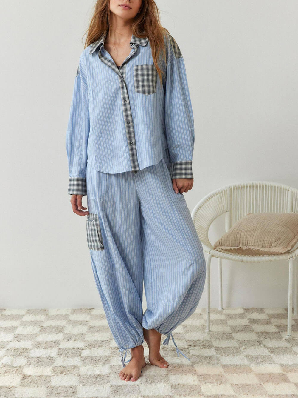 Sky Blue Loose Splice Pajama Set