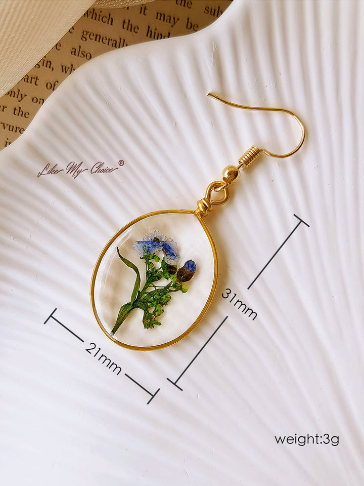 Pressed Flower Earrings -  Forget Me Not Flower Oval