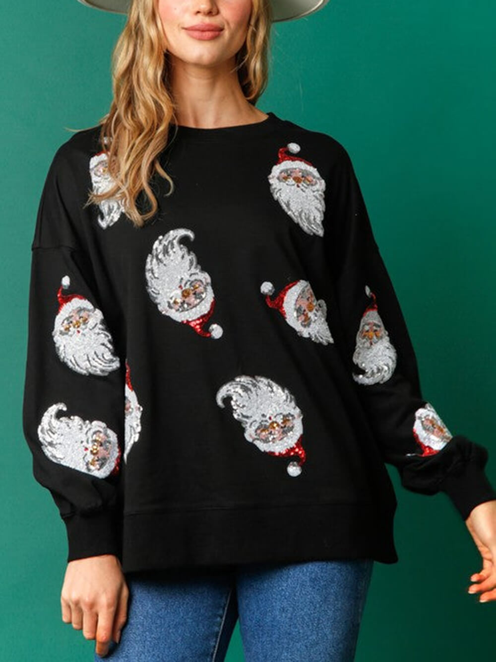 Sweatshirt aus französischem Terry mit Weihnachtsmannmotiv und Pailletten