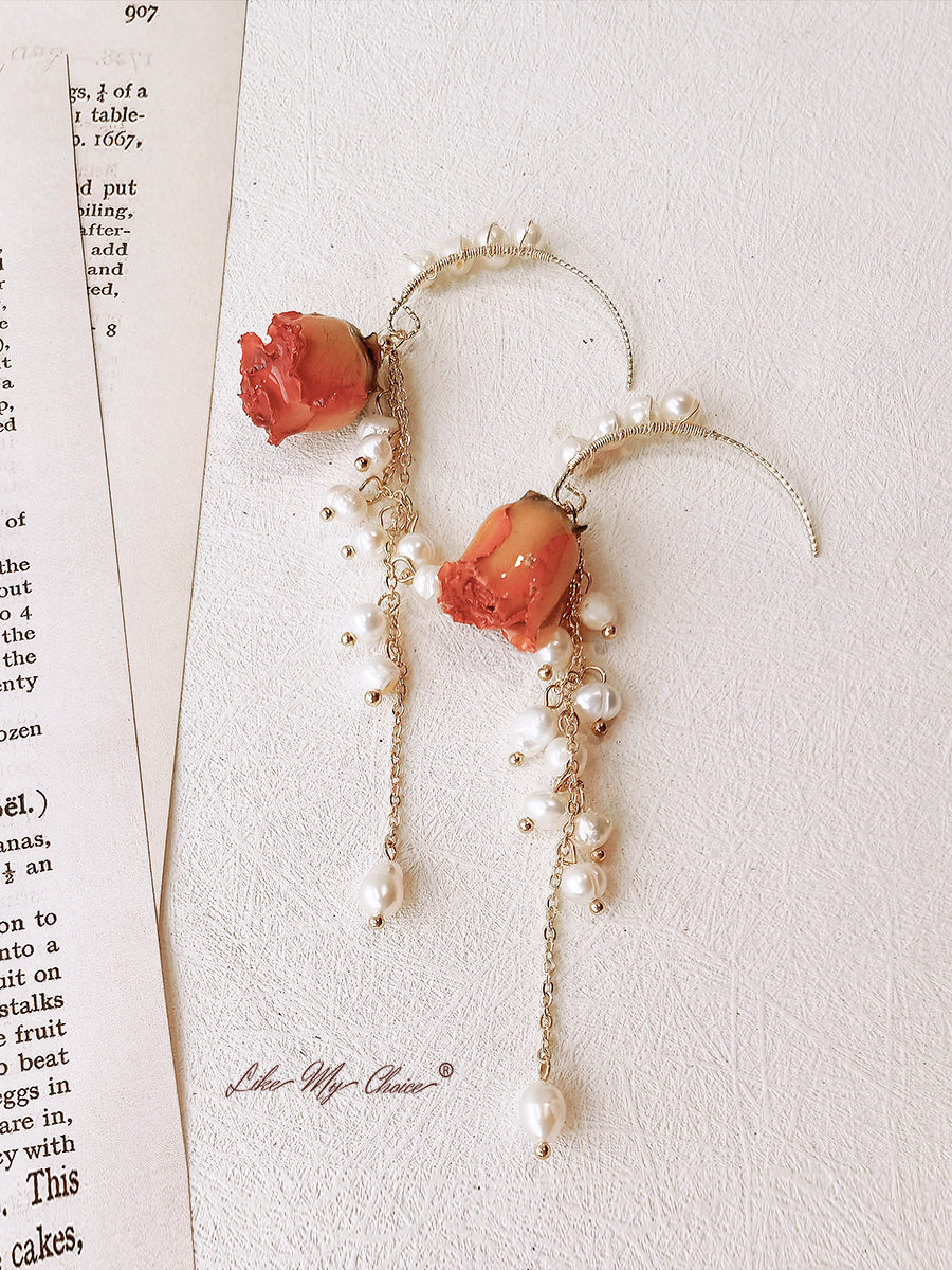 Puristetut kukkakorvakorut - Pearl Dried Rose Flower