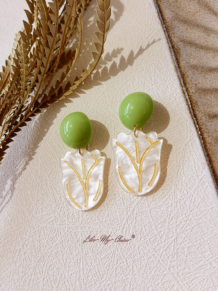 White Tulip Gold Floral Earrings