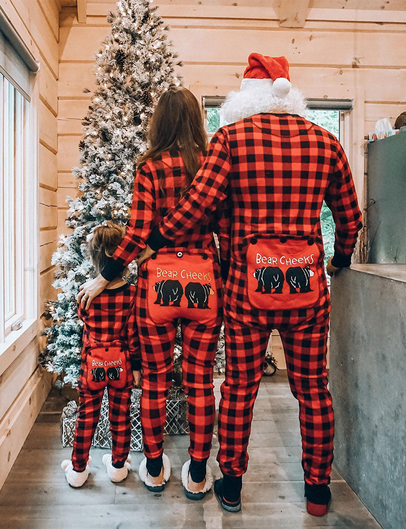 Cute Bear Pattern Plaid Onesies Christmas Family Matching Pajamas Set