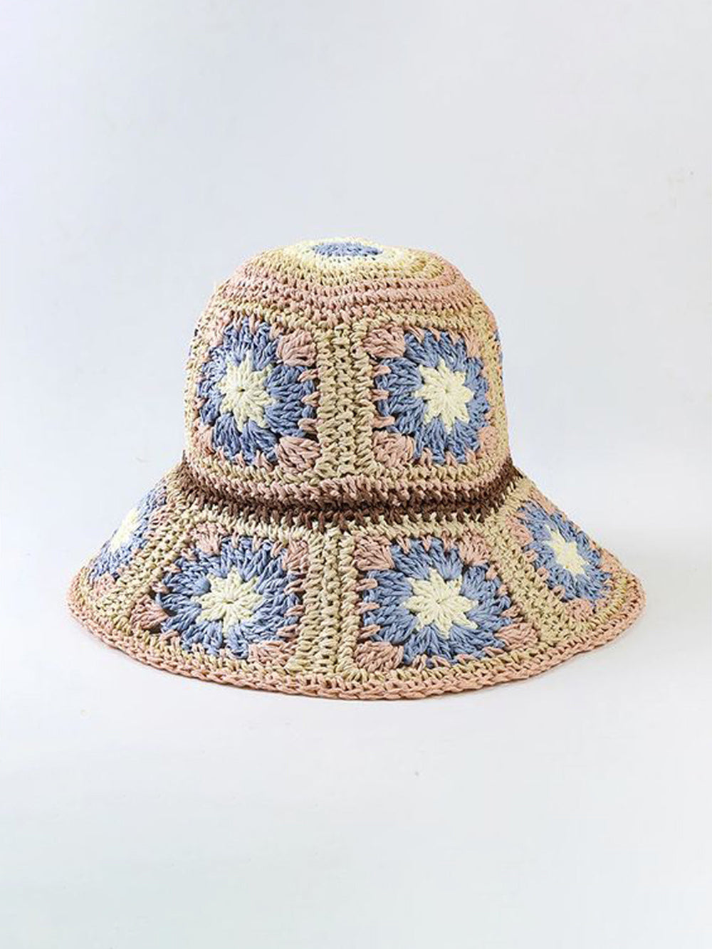 Crochet Hat Flower Beige Blue