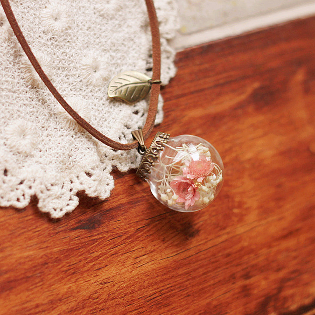 Preserved Flower Necklace Glass Cover Pink Gypsophila Pendant