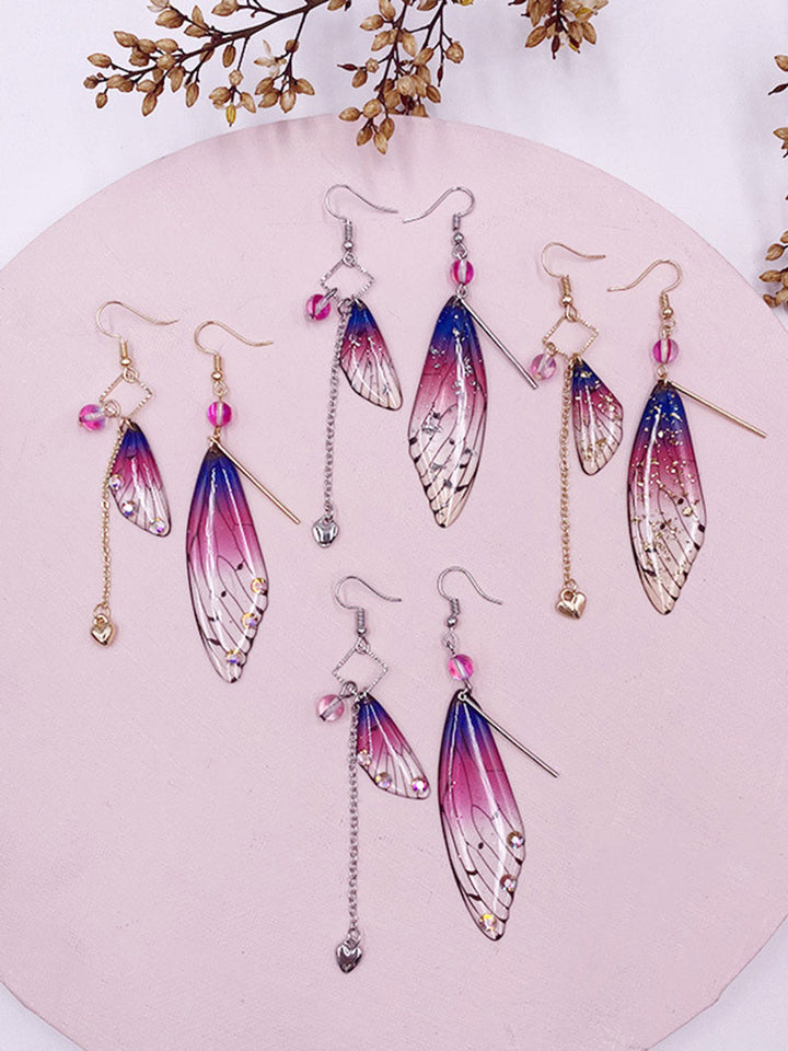 Boucles d'oreilles à pampilles en forme d'aile de papillon, feuille d'or violette, cigale