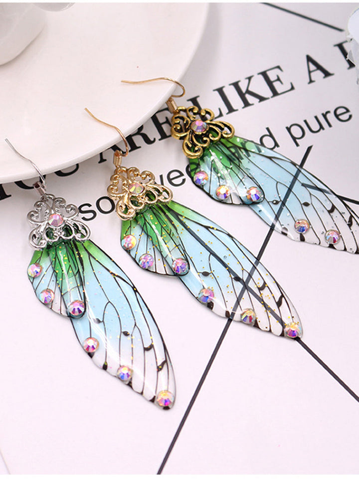 Butterfly Wing Green Rhinestone Cicada Wing Crystal Kolczyki