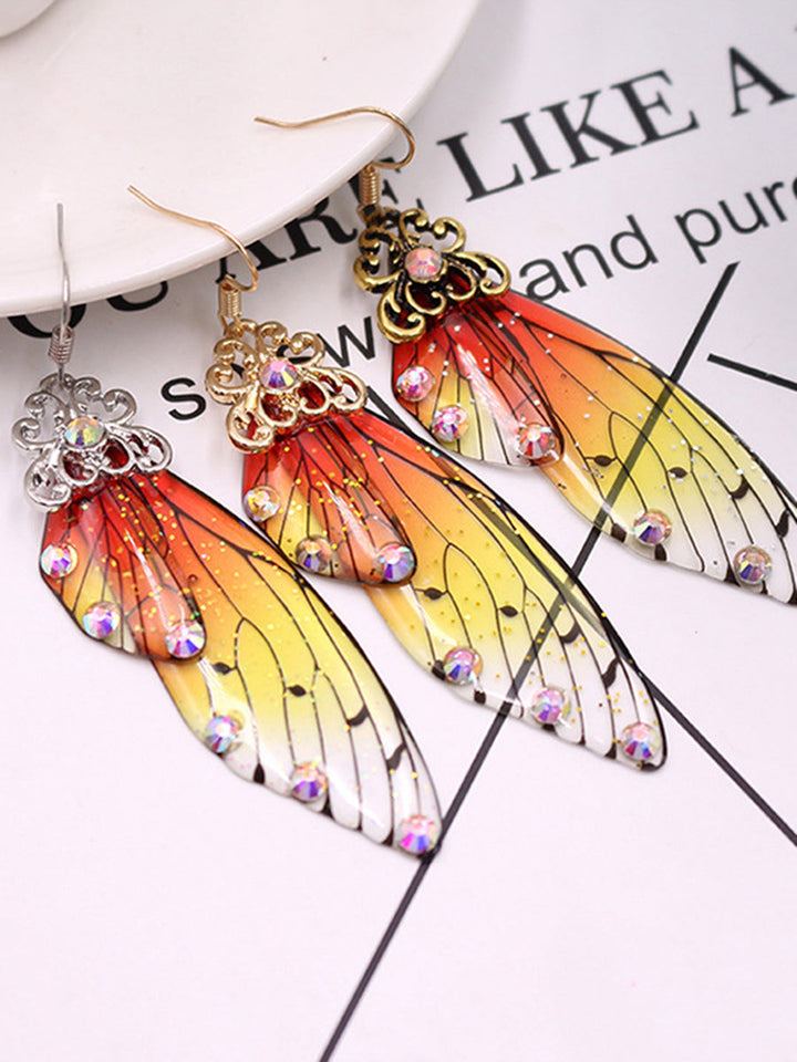 蝶の羽イエローラインストーン蝉の羽クリスタルピアス