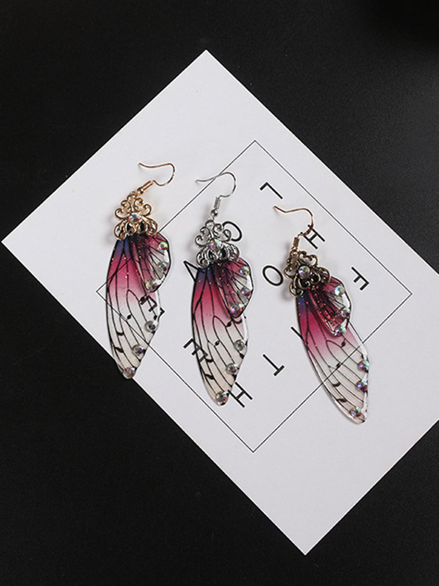 Pendientes de cristal de ala de cigarra con diamantes de imitación morados y ala de mariposa