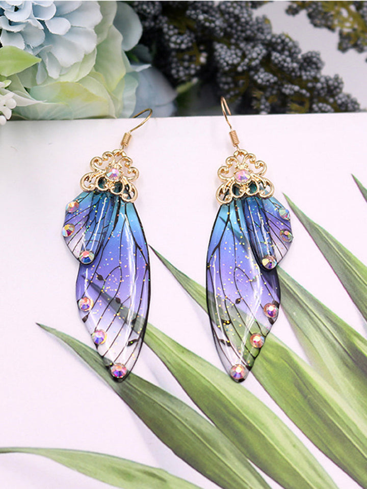 Pendientes de cristal con alas de cigarra y diamantes de imitación azules con alas de mariposa