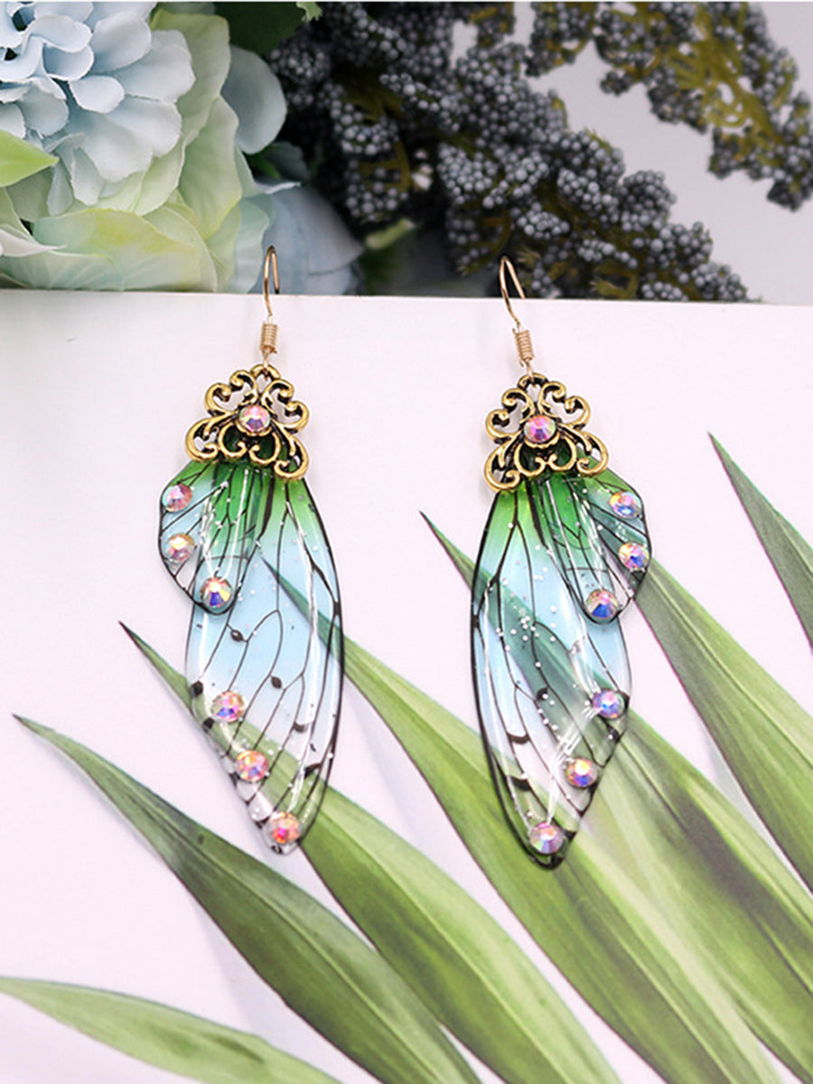 Butterfly Wing Green Rhinestone Cicada Wing Crystal Earrings