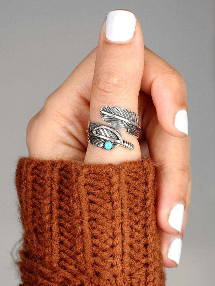 Turquoise Band Feather Boho Silver Ring