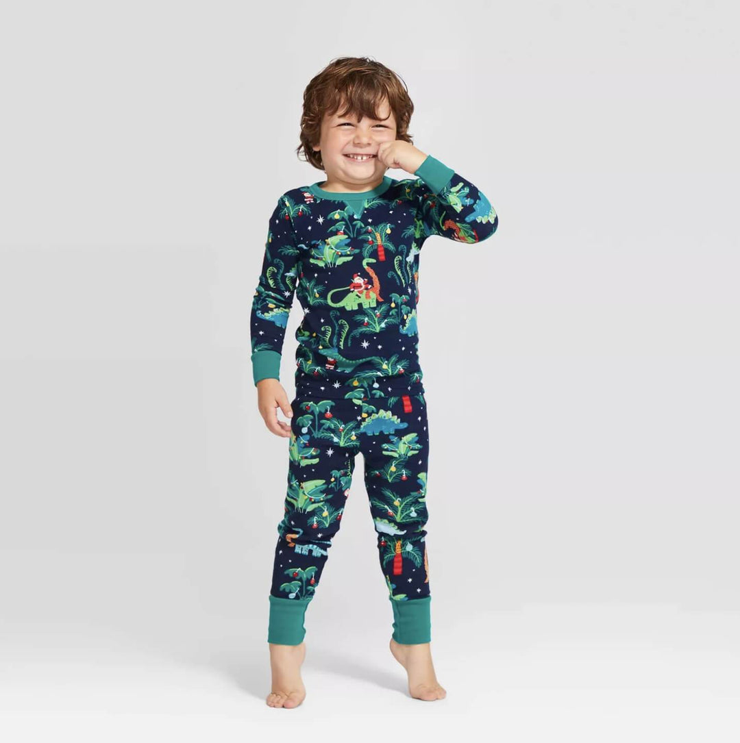 Conjuntos de pijamas a juego familiares con estampado de dinosaurios navideños (con ropa para perros)