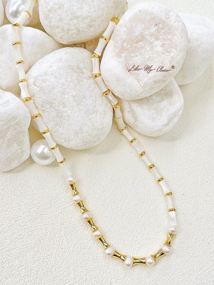 Bohemian Geometric Stone Real Pearls Necklace with Vintage Charm