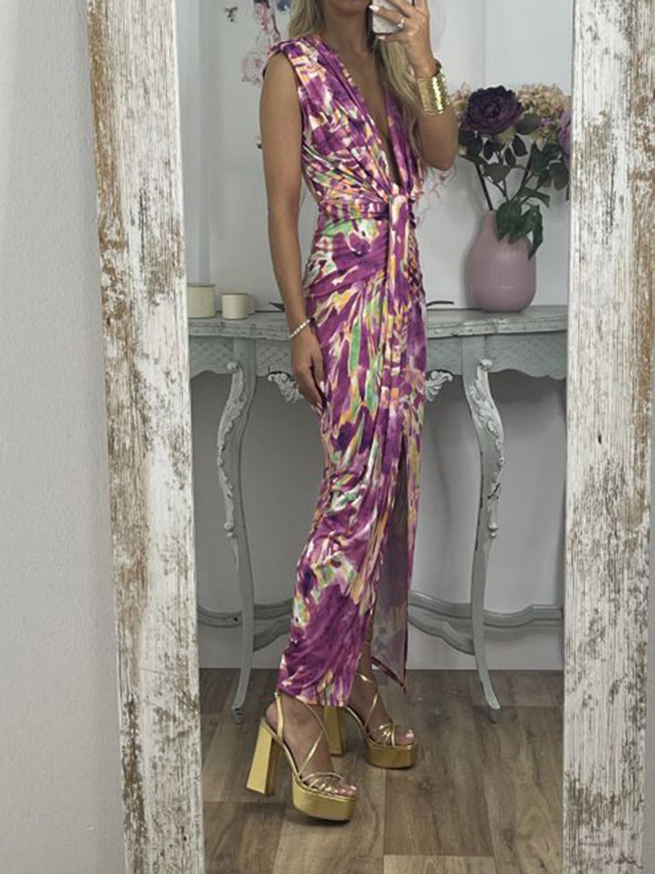 Tie-Dye Deep V Ruched Knotted Maxi Dress