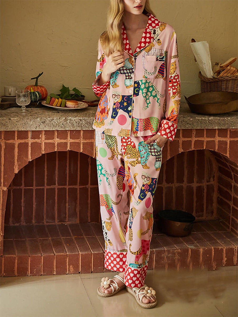Dressing leopardprint silke pyjamassett