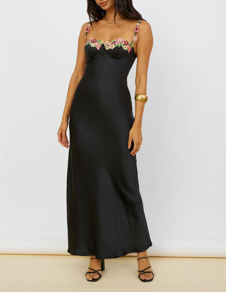 Magnetic Forces Flower Embroidery Maxi Dress Black