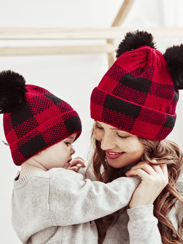 圣诞毛球妈妈和宝宝针织帽