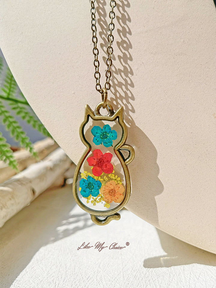 Vintage kočka suchý květinový hippie náhrdelník