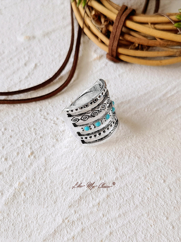 Vintage Engraved Hollow Turquoise Boho Ring