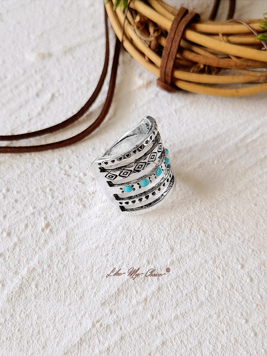 Vintage gegraveerde holle Turquoise Boho Ring