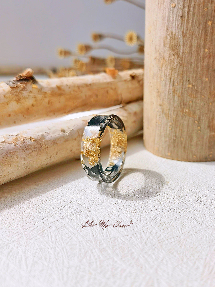 טבעת שרף צבעונית בעבודת יד של פרח מיובש זהב נייר כסף