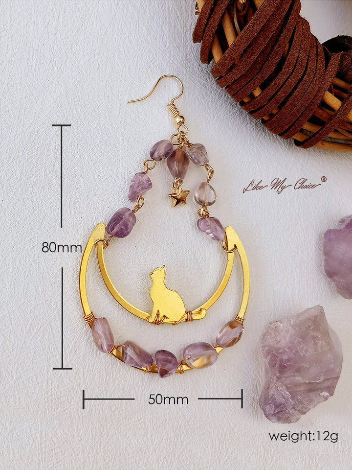 Moon & Cat Amethyst Dangle Boho Earrings