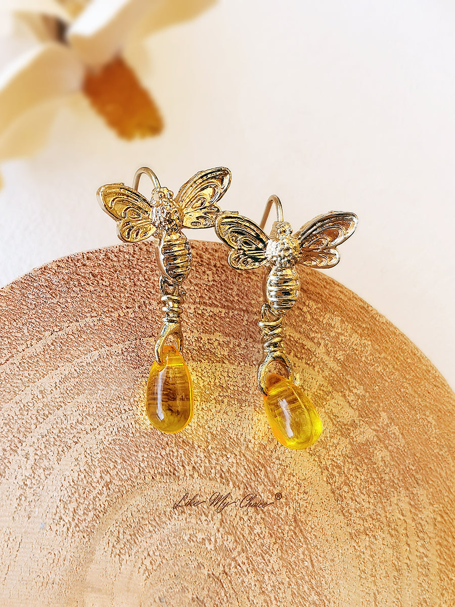 Gold Retro Bee Drop Earrings