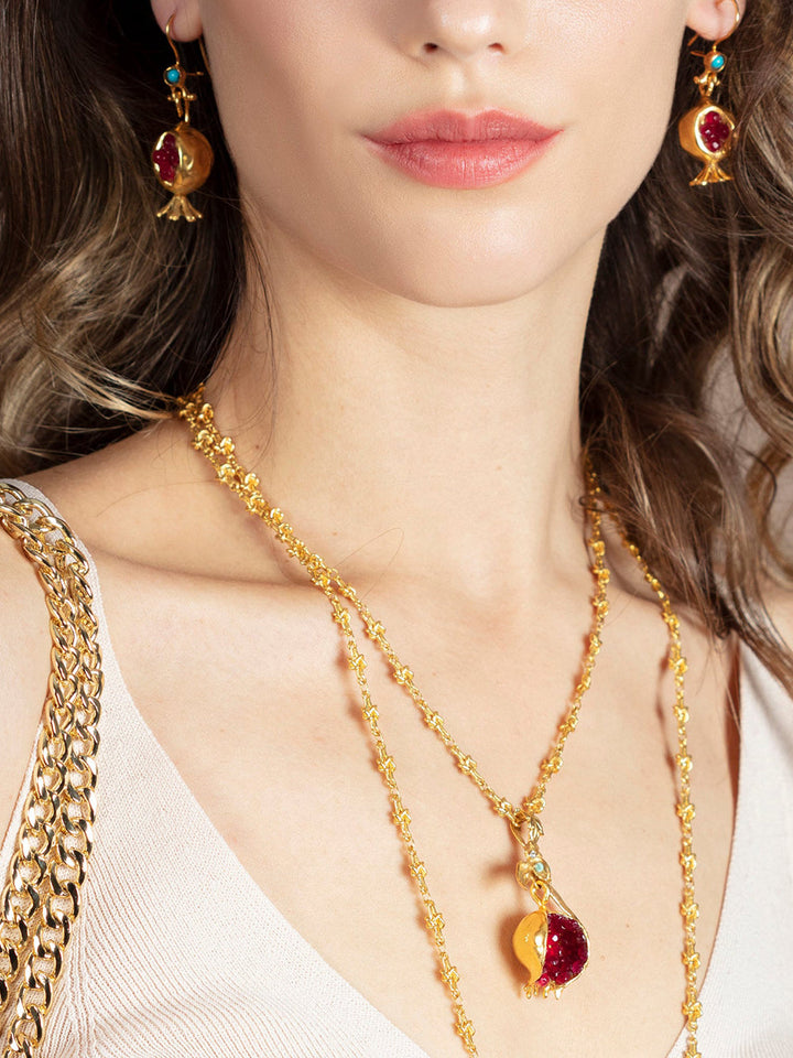 Pomegranate Design Turquoise Turkish Gold Earrings