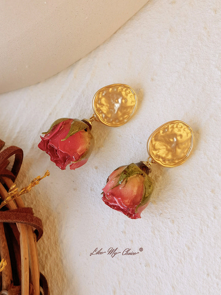 Cercei cu flori presate - Trandafir placat cu aur