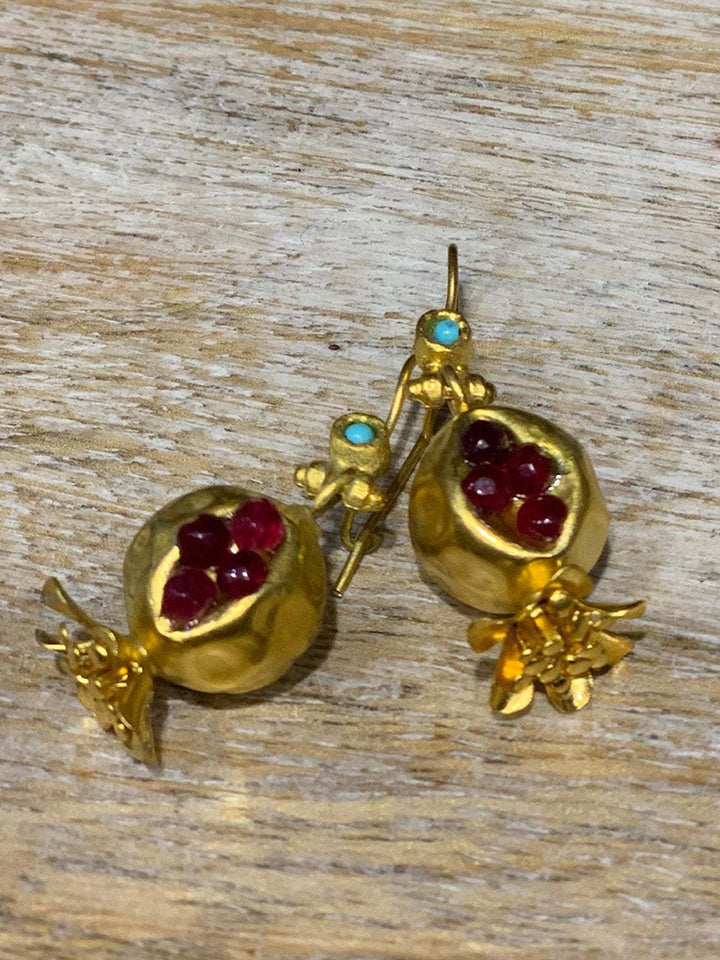 Pomegranate Design Turquoise Turkish Gold Earrings