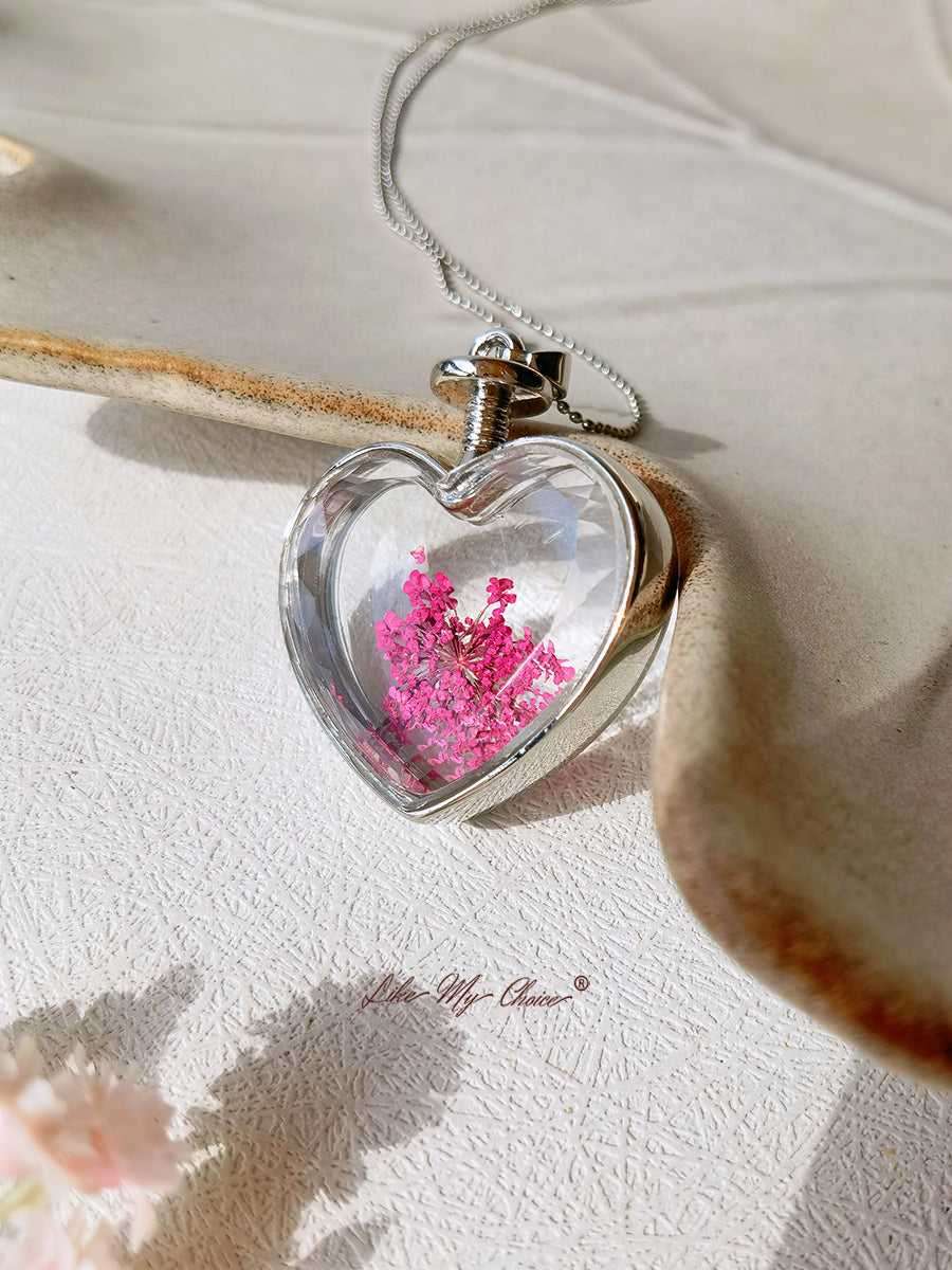 Queen Anne Lace Floral Crystal Glass Heart Necklace