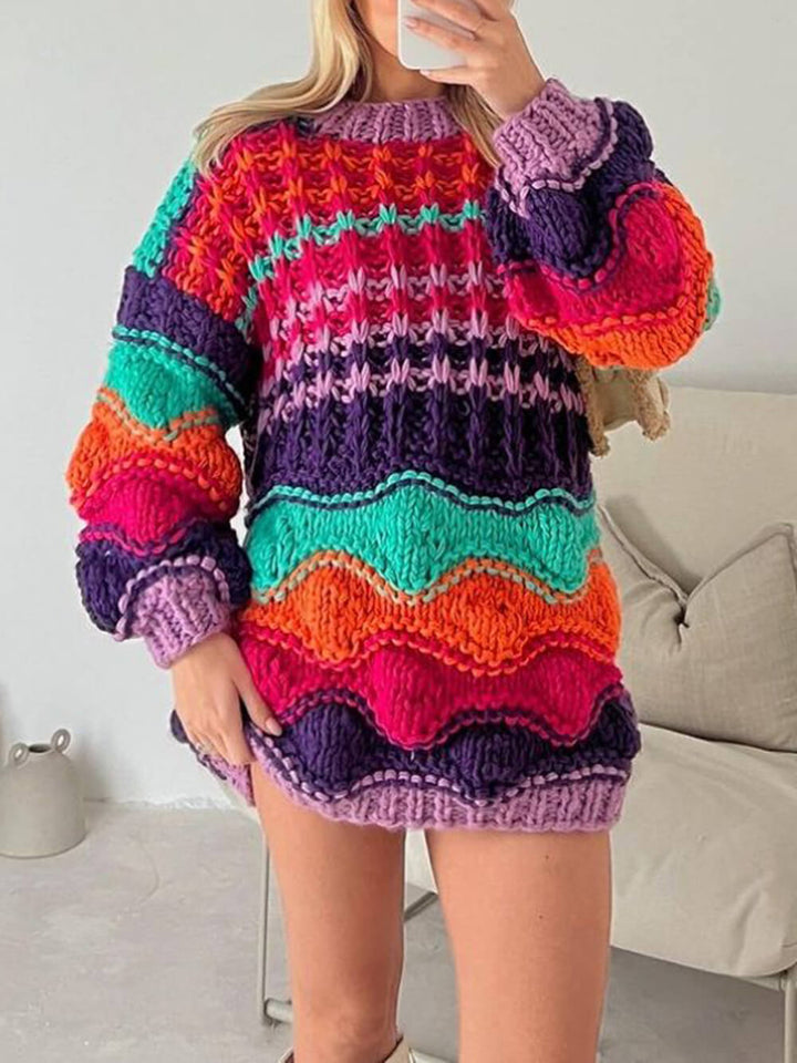 Barevné vlnité pletené svetrové šaty