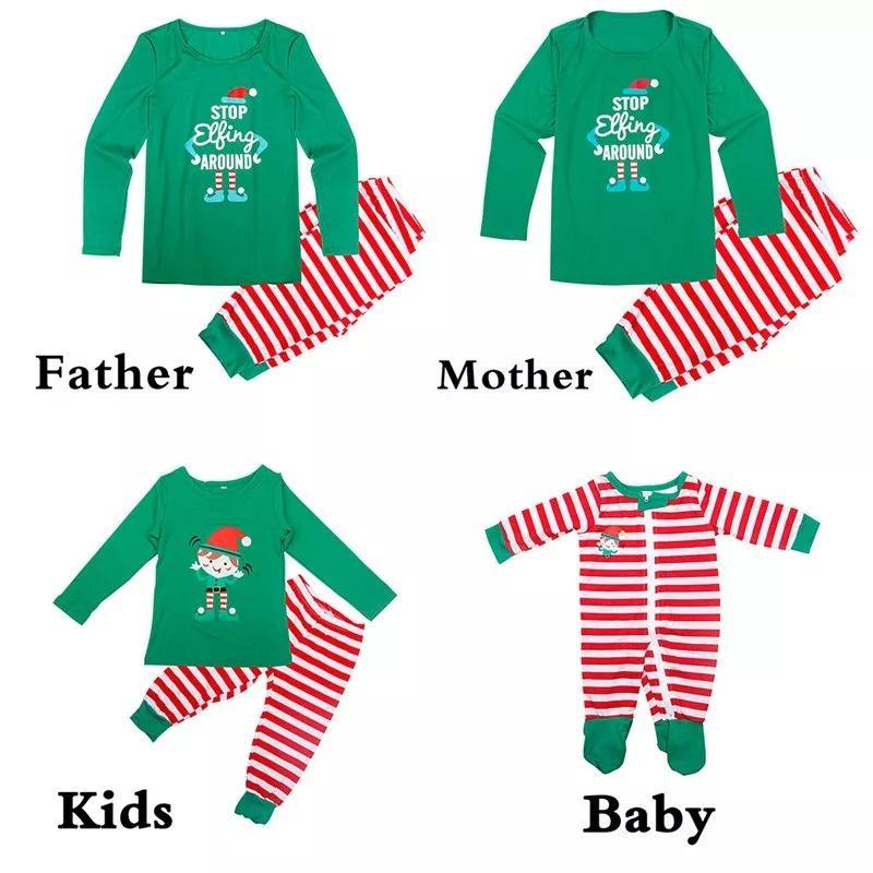 Ensemble de pyjama assorti pour la famille à rayures et imprimé elfe de Noël