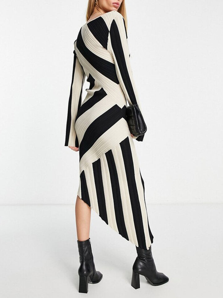 Black And White Stripe Knitted Asymmetric Midi Dress