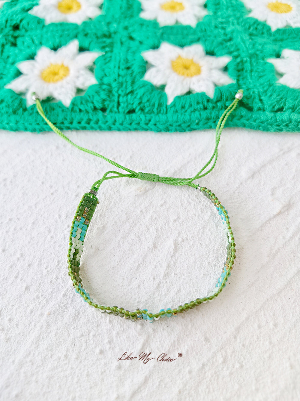 Adjustable Drawstring Beaded Bracelet Gradient Green Pompoms