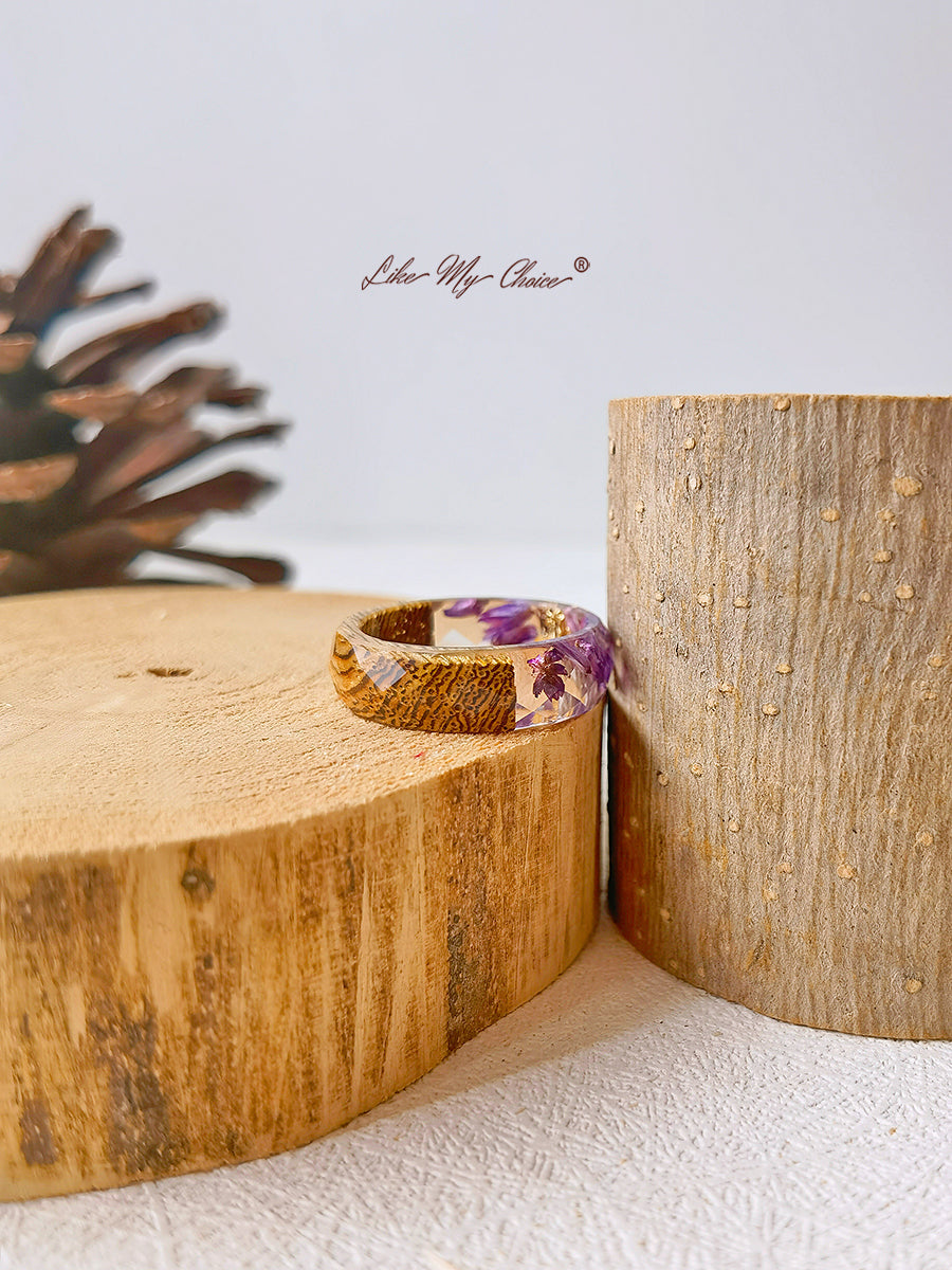 Ručně vyrobený sušený květinový prsten z pryskyřice-fialový