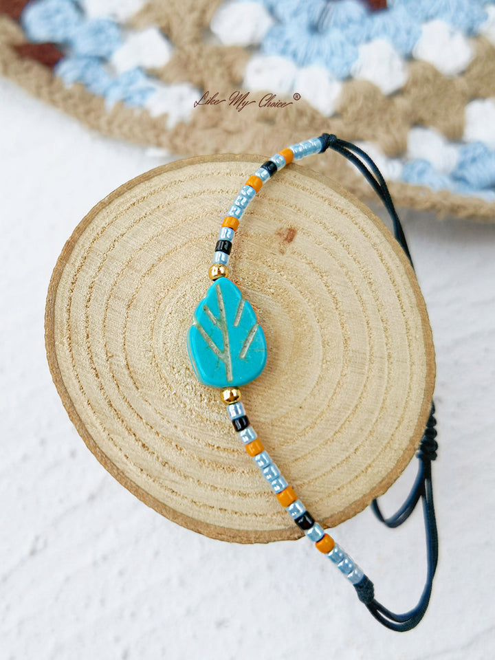 Adjustable Drawstring Beaded Bracelet Turquoise Maple Leaf
