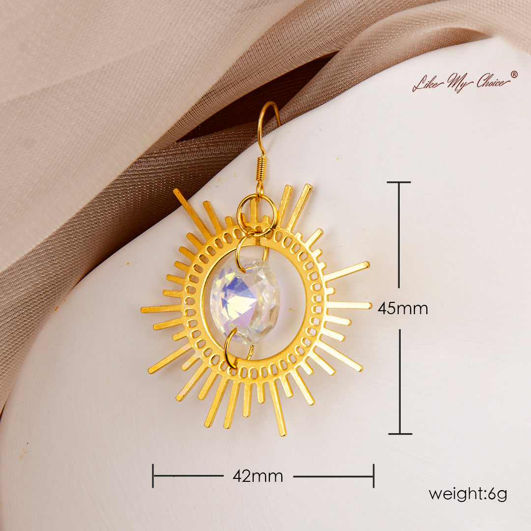 波西米亚风金色太阳水晶耳环