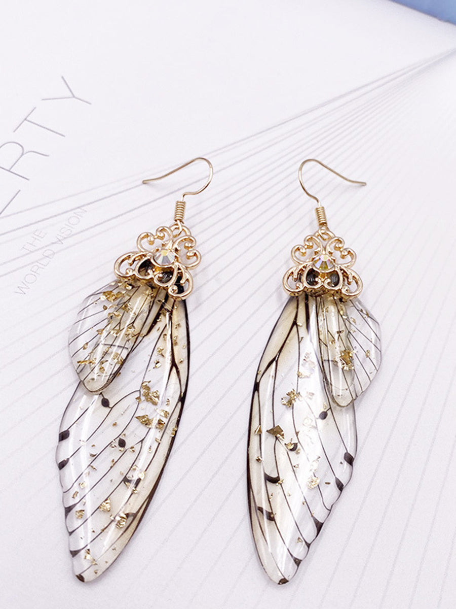 Pendientes de cristal de ala de cigarra con diamantes de imitación grises con alas de mariposa