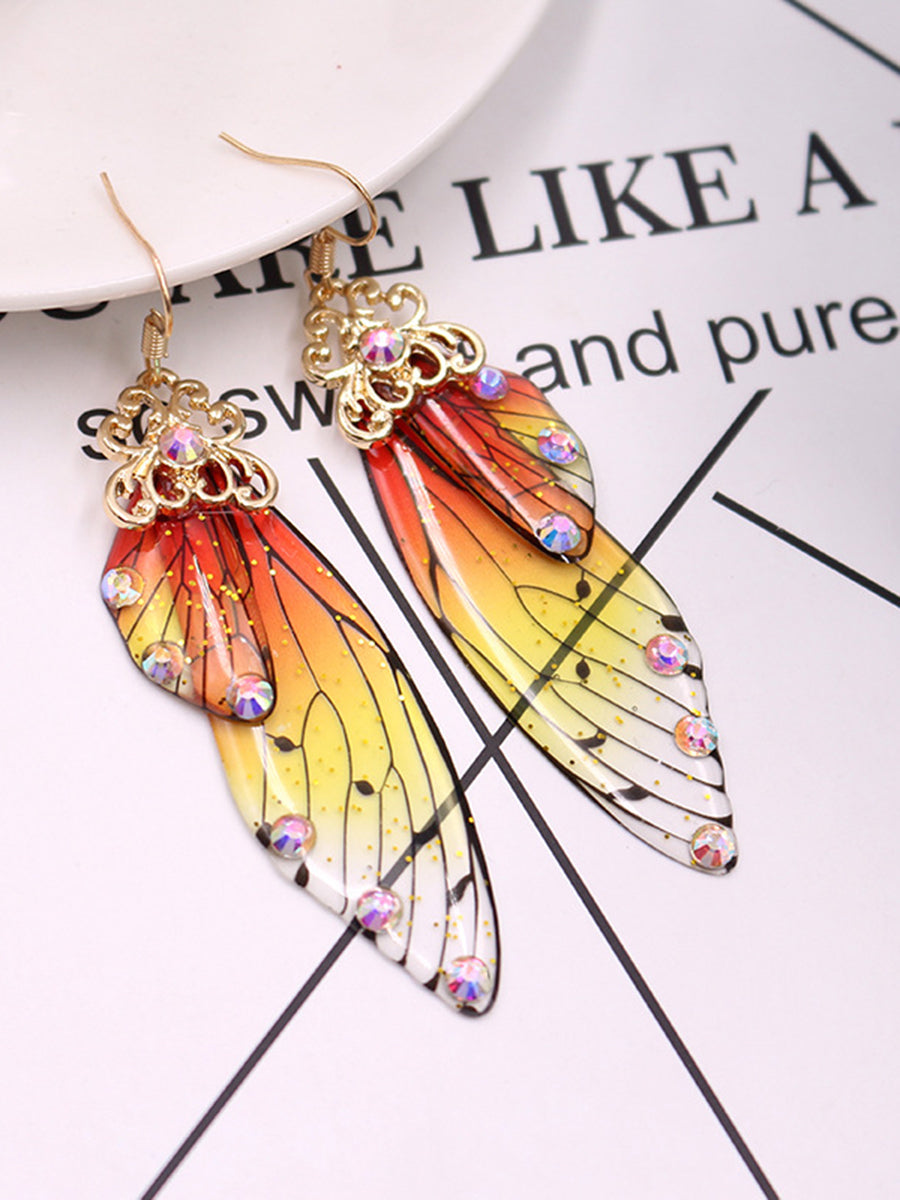 Pendientes de cristal de ala de cigarra con diamantes de imitación amarillos con alas de mariposa