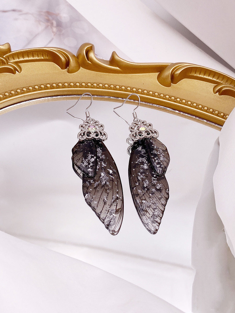 Pendientes de cristal con alas de cigarra y diamantes de imitación negros con alas de mariposa
