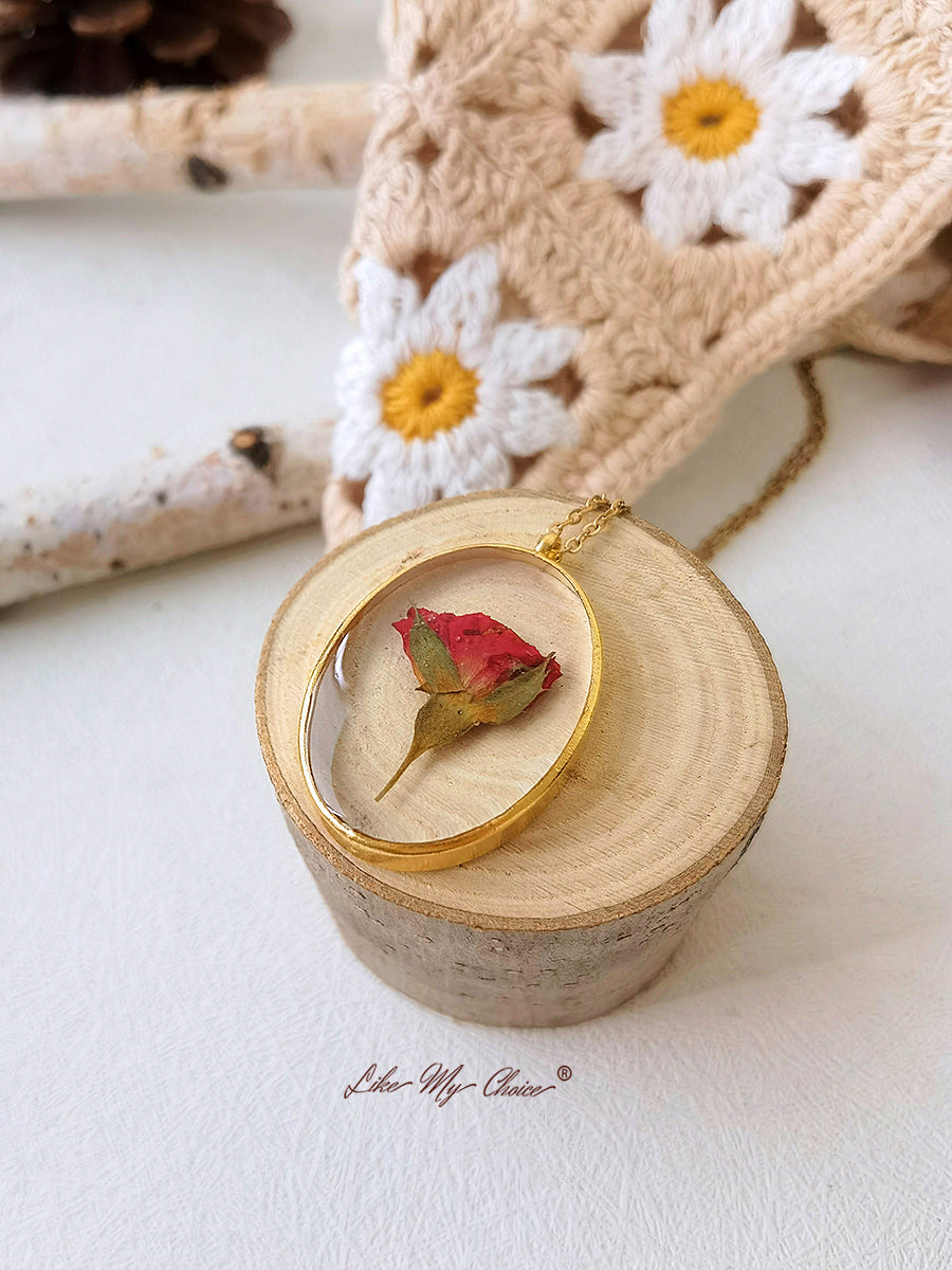 Red Rose Bud Dainty Handmade Gold Necklace