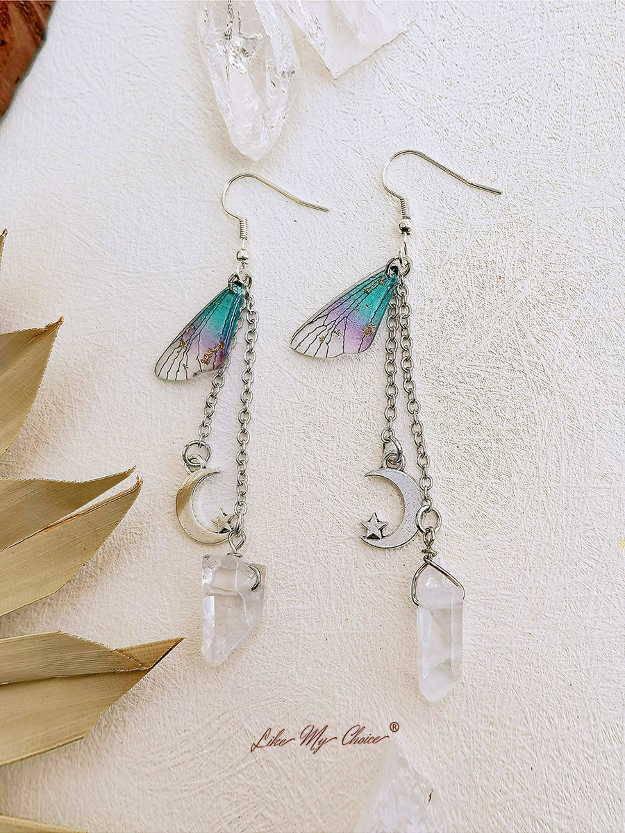 Boucles d'oreilles Boho à pampilles en cristal de lune et d'aile de papillon