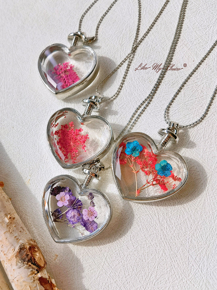Flat Purple Red Flower Forget-Me-Not Crystal Glass Heart Necklace