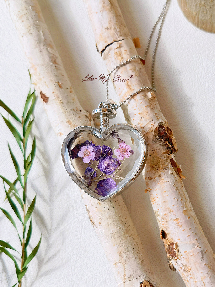 フラット紫赤花ワスレナグサ クリスタル ガラス ハート ネックレス