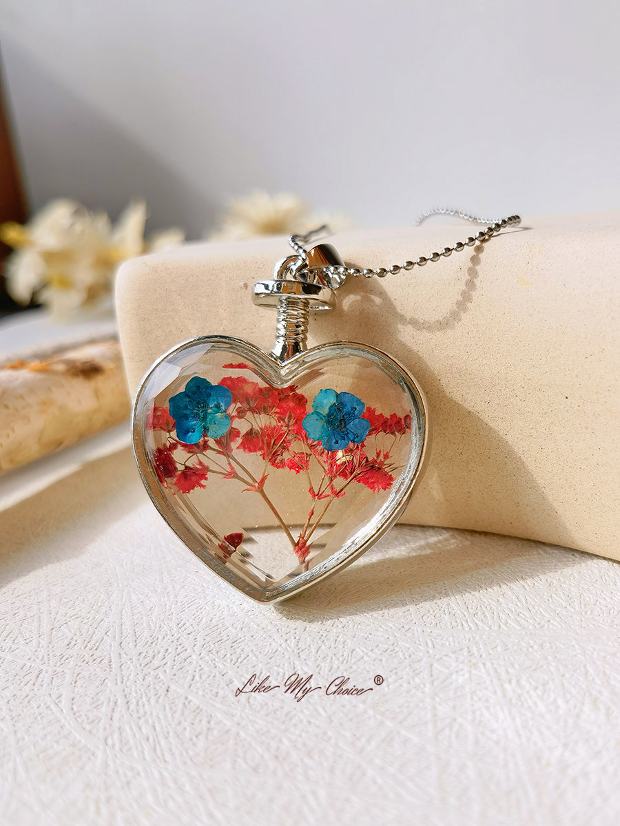 Flat Purple Red Flower Forget-Me-Not Crystal Glass Heart Necklace