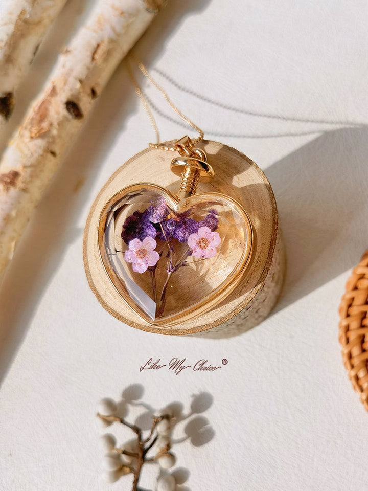 Lavendel förgätmigej torkade blommor Kristallglas hjärta halsband