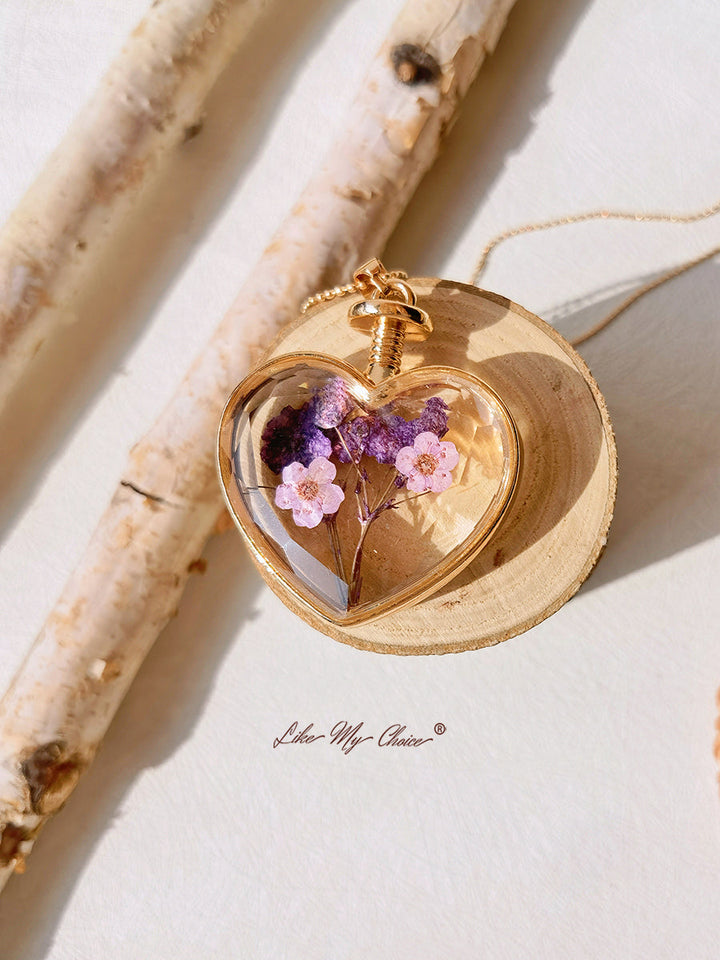 Lavendel förgätmigej torkade blommor Kristallglas hjärta halsband