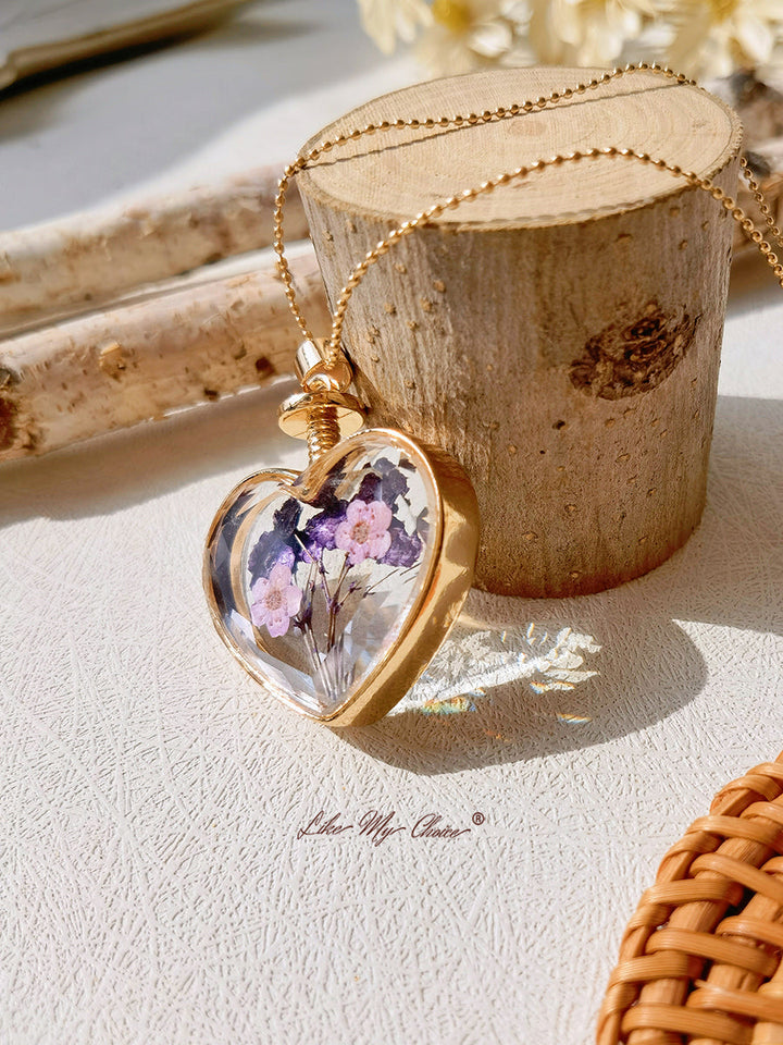 Lavender Forget-Me-Not Dried Flowers Crystal Glass Heart Necklace