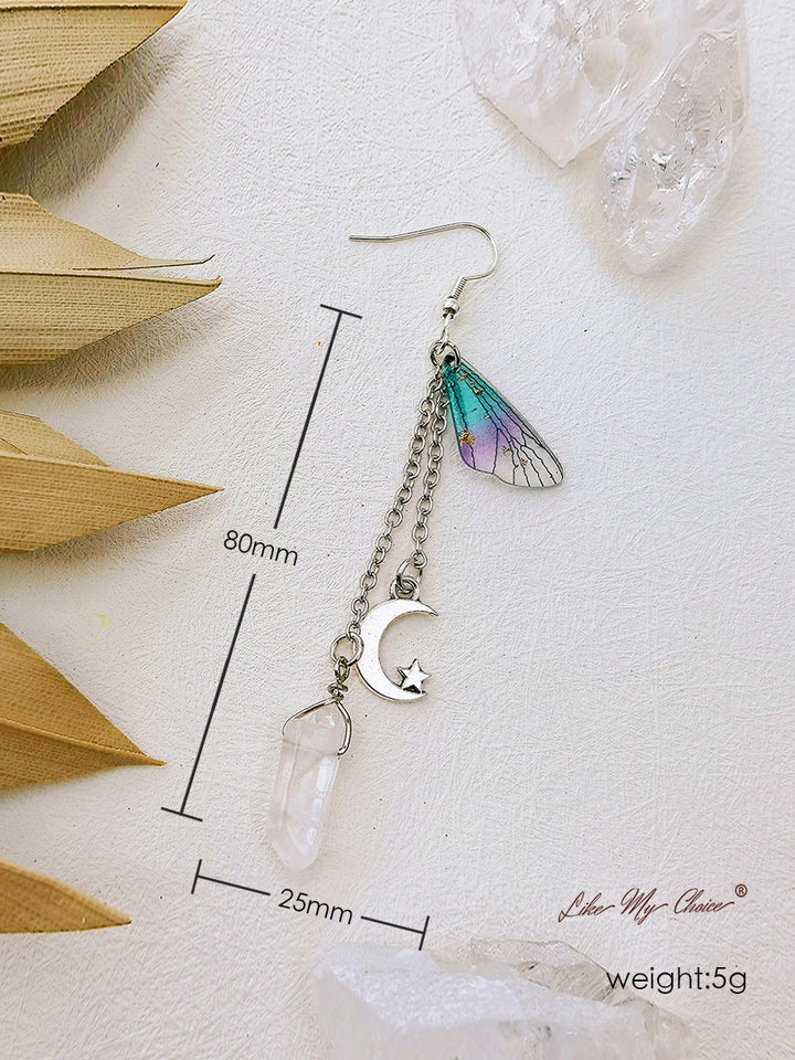 Pendientes bohemios con borlas de cristal de luna y ala de mariposa